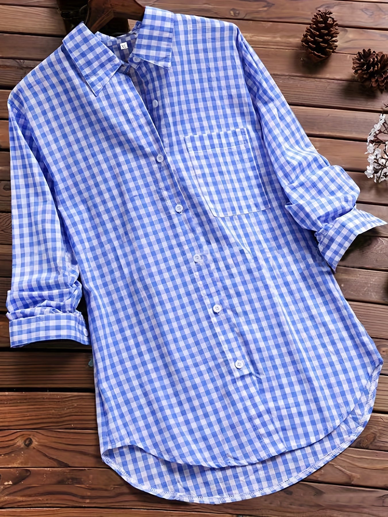 Gingham Print Long Sleeve Shirt Top for Women - gallery