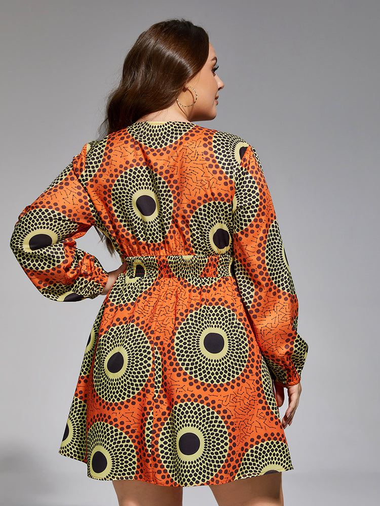 Plus Geometric V Neck Elastic Waist Dress for Women - gallery