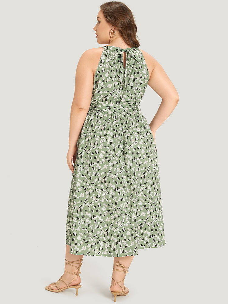 Allover Print Halter Keyhole Pocket Belted Ties Dress for Women - gallery