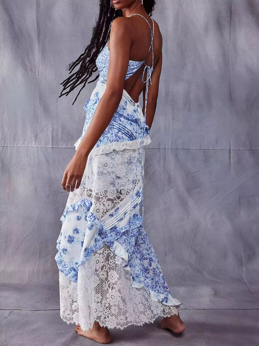 Lace Floral Ruffle Trim Maxi Dress for Women - gallery