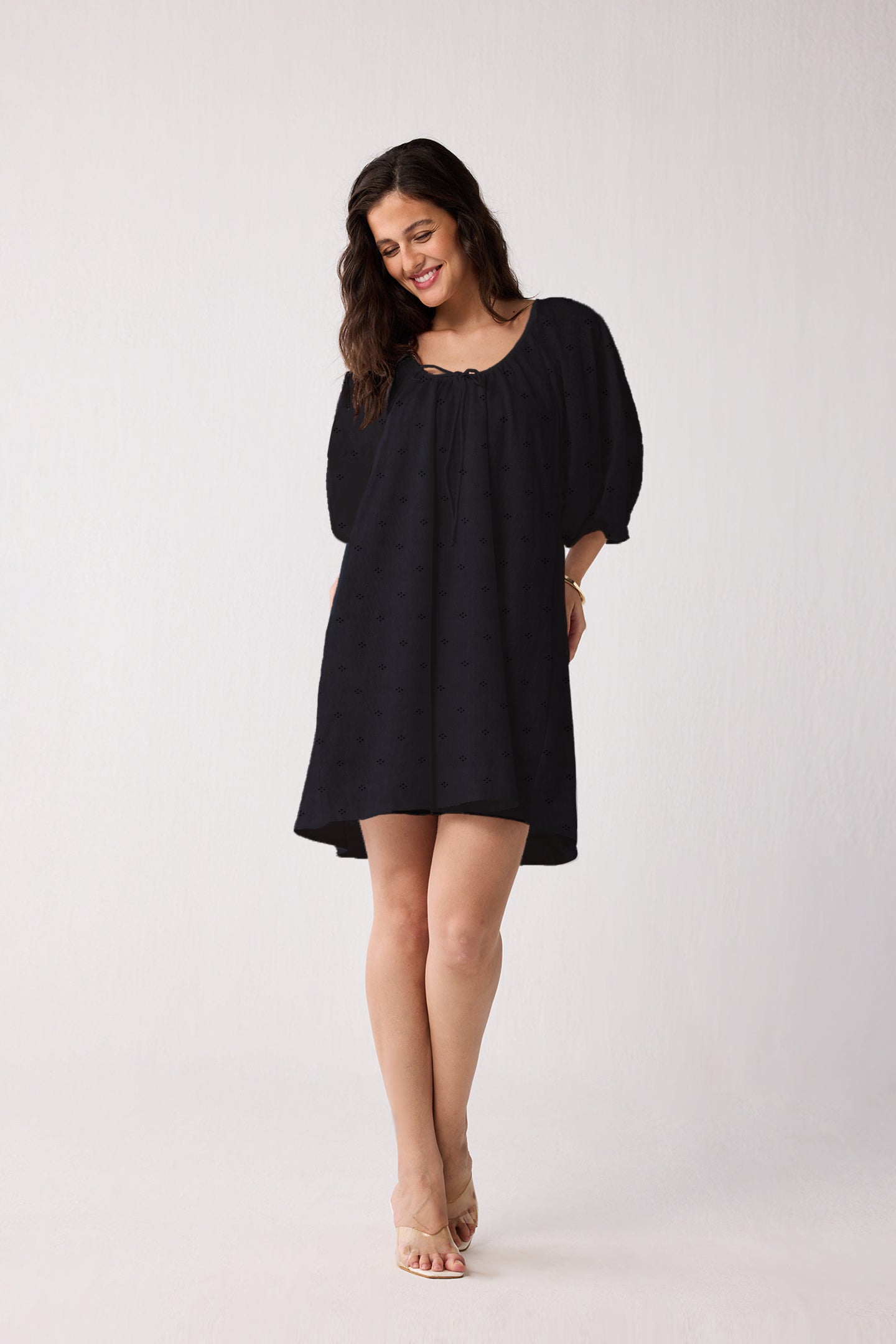 Puff Sleeved Dress with Drawstring Neckline in Black for Women - gallery