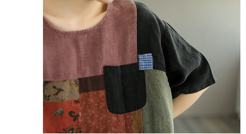 Colour-Block Short Sleeve Linen T-Shirt for Women - gallery