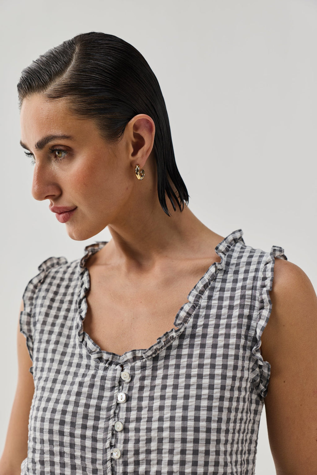 Embroidered Peplum Top in Grey Check for Women - gallery
