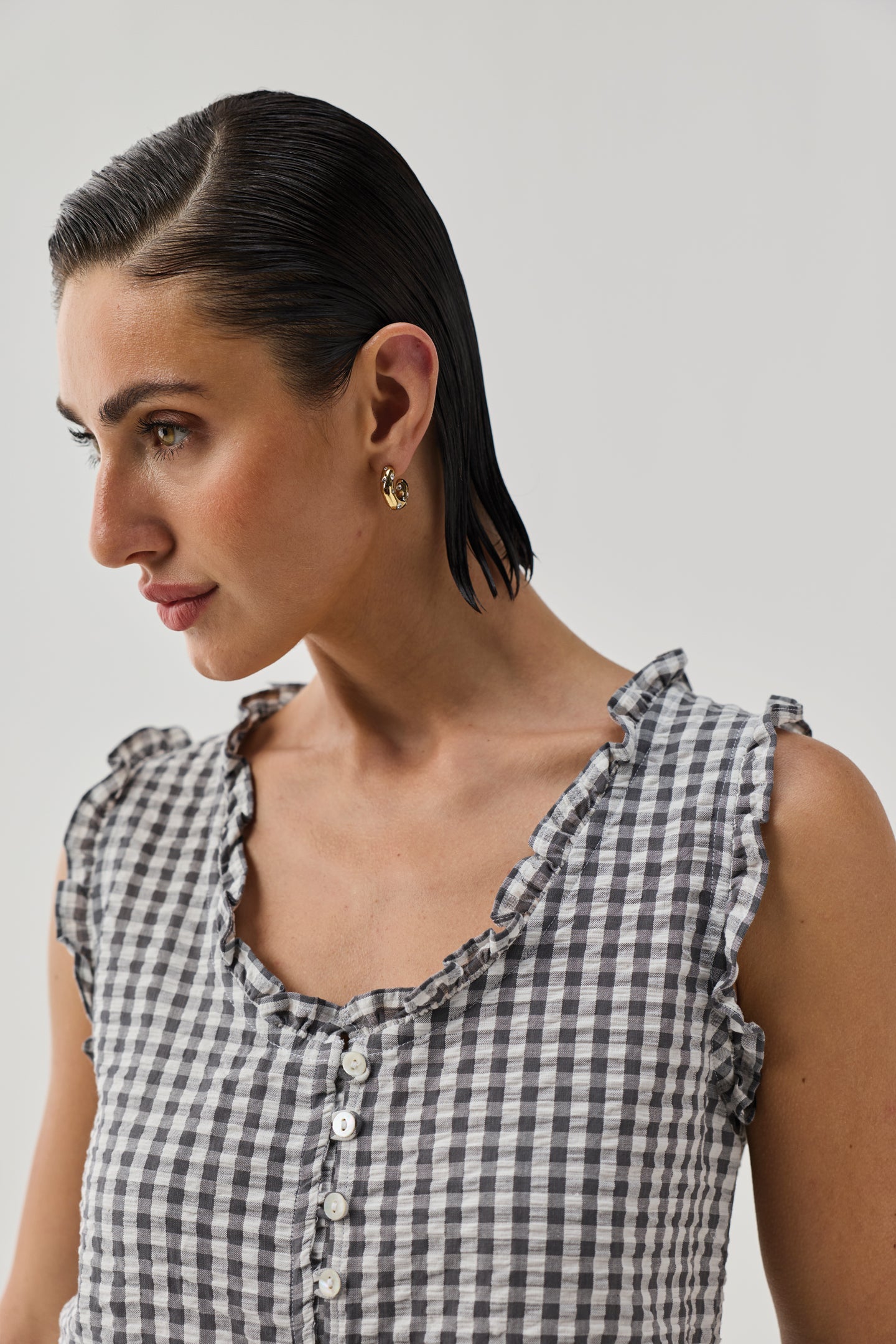 Embroidered Peplum Top in Grey Check for Women - gallery