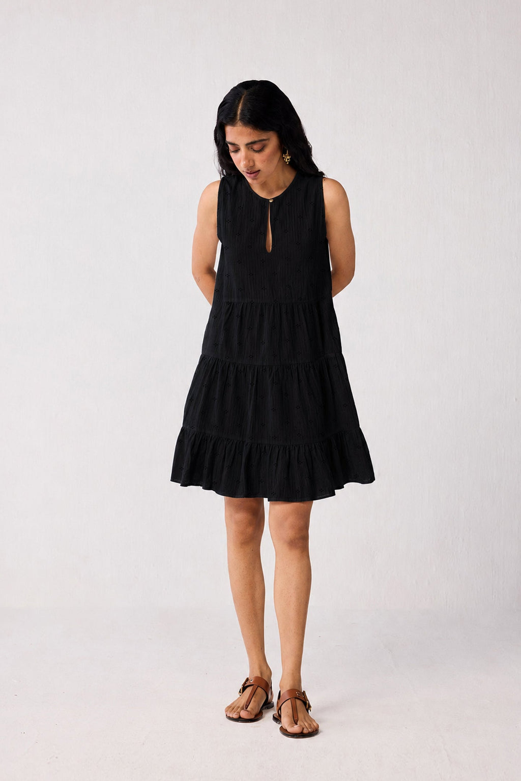 Embroidered Everyday Sleeveless Short Tiered Dress in Black for Women - gallery