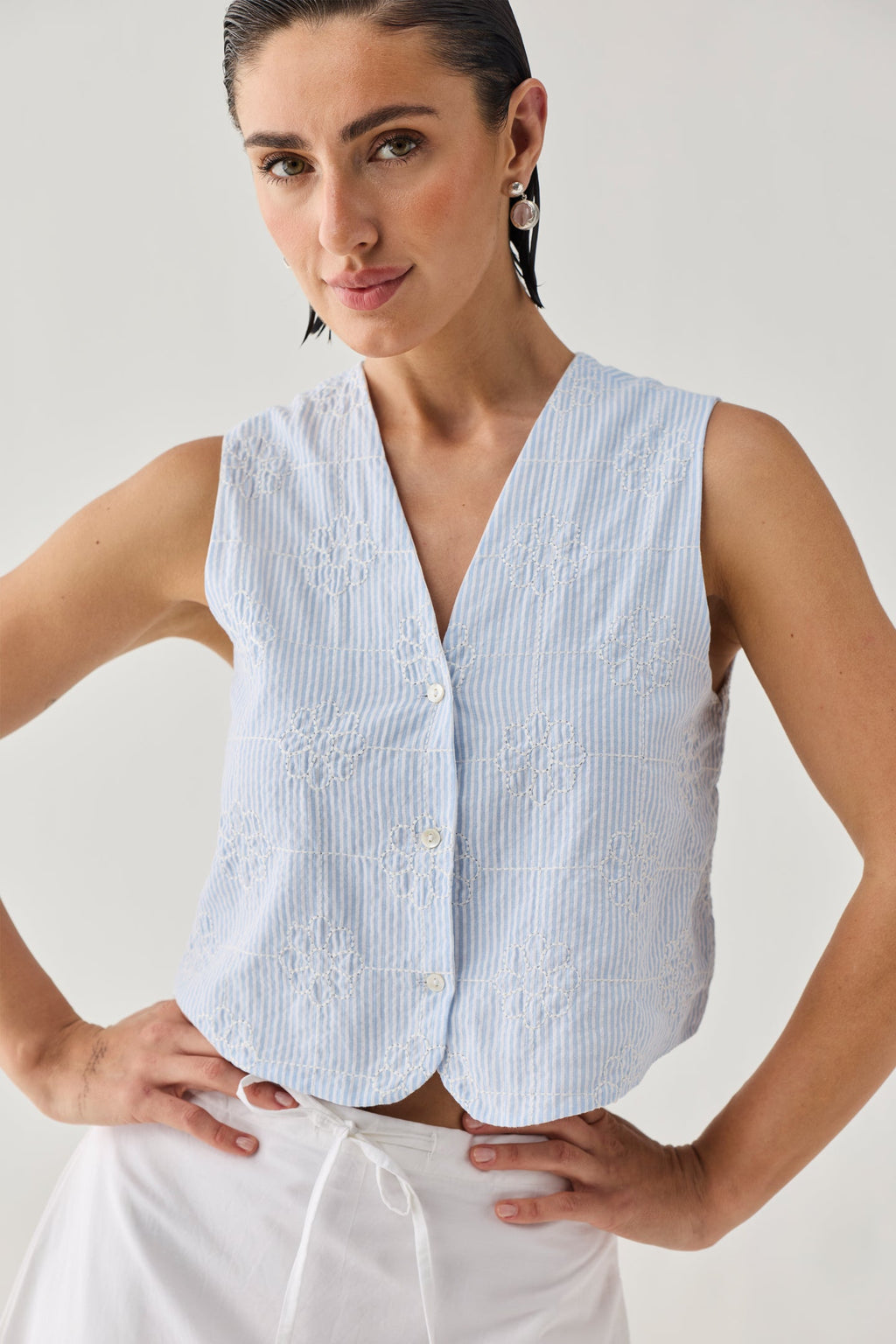 Embroidered Sleeveless Vest Top in Blue Stripe Waistcoat for Women - gallery