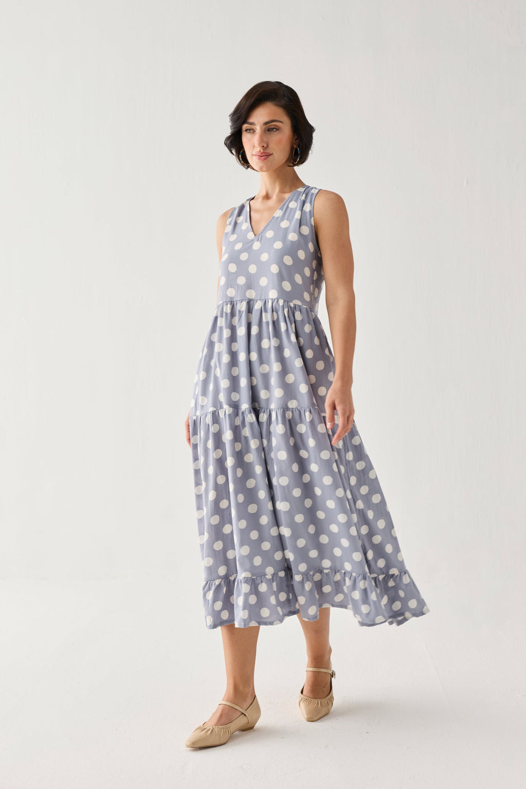 Tiered Midi Dress in Blue Polka for Women - gallery