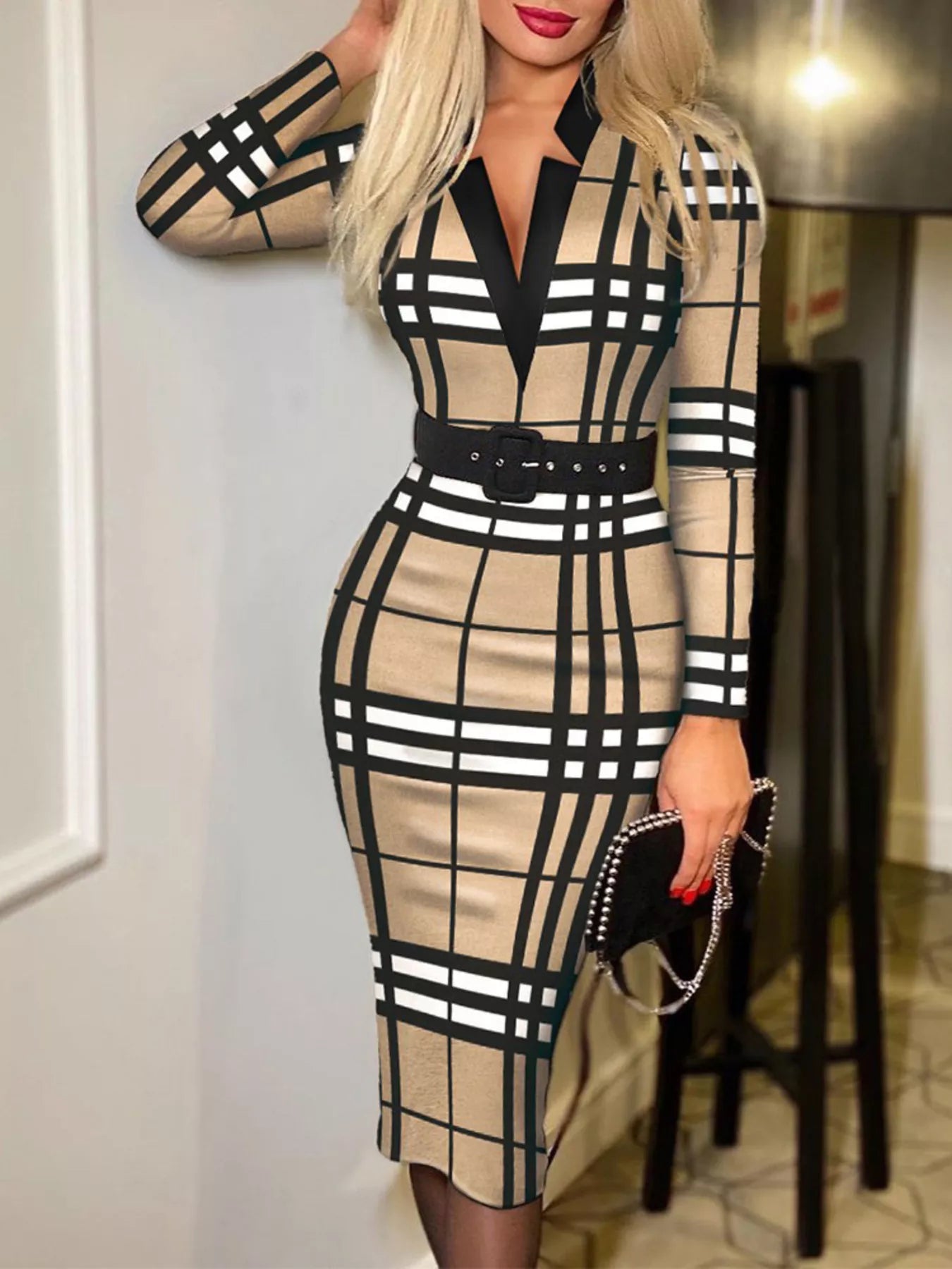 Full Size Notched Long Sleeve Dress Plus Size for Women