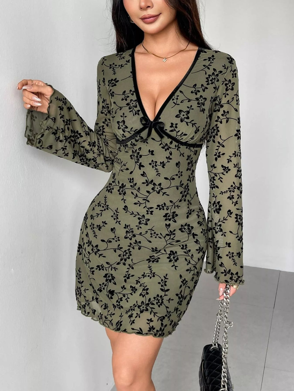 Floral Print Flare Sleeve Mini Dress for Women - gallery