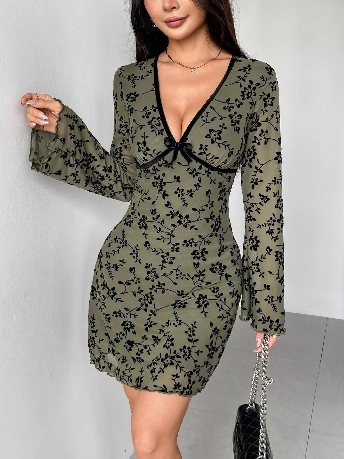 Floral Print Flare Sleeve Mini Dress for Women - gallery