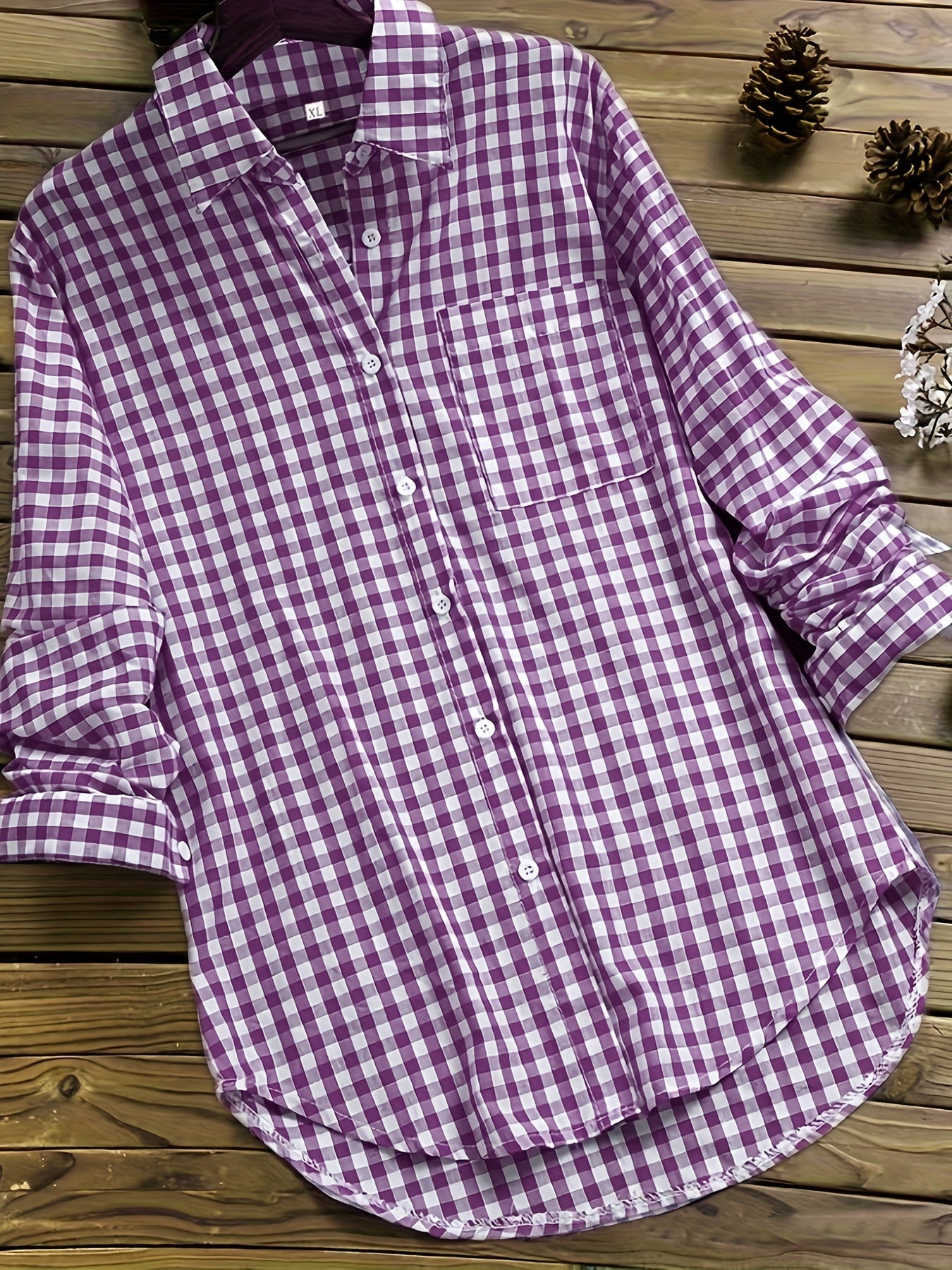 Gingham Print Long Sleeve Shirt Top for Women - gallery