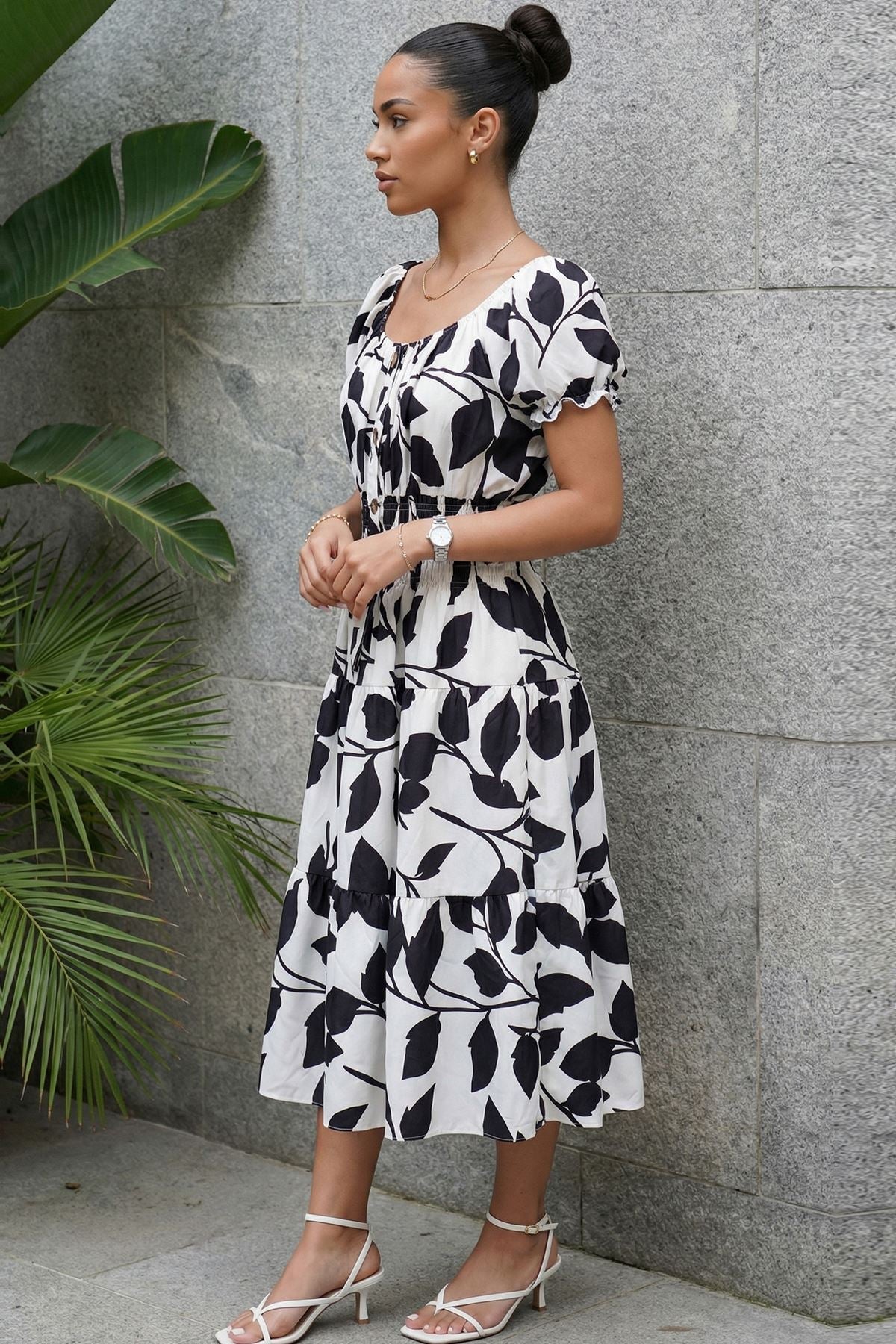 Abstract Botanical Print Elasticated Tiered Dress — Black