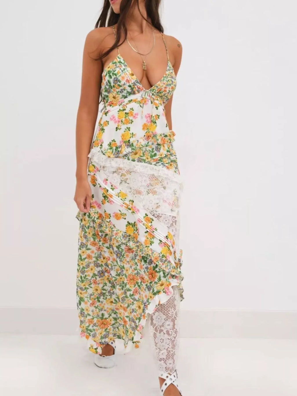 Lace Floral Ruffle Trim Maxi Dress for Women - gallery