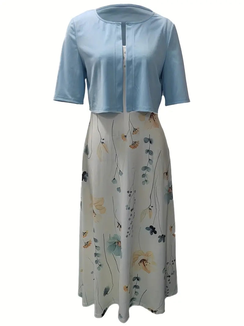 Stylish Two-Piece Floral Dress Set with Solid Crop Top and Round Neckline