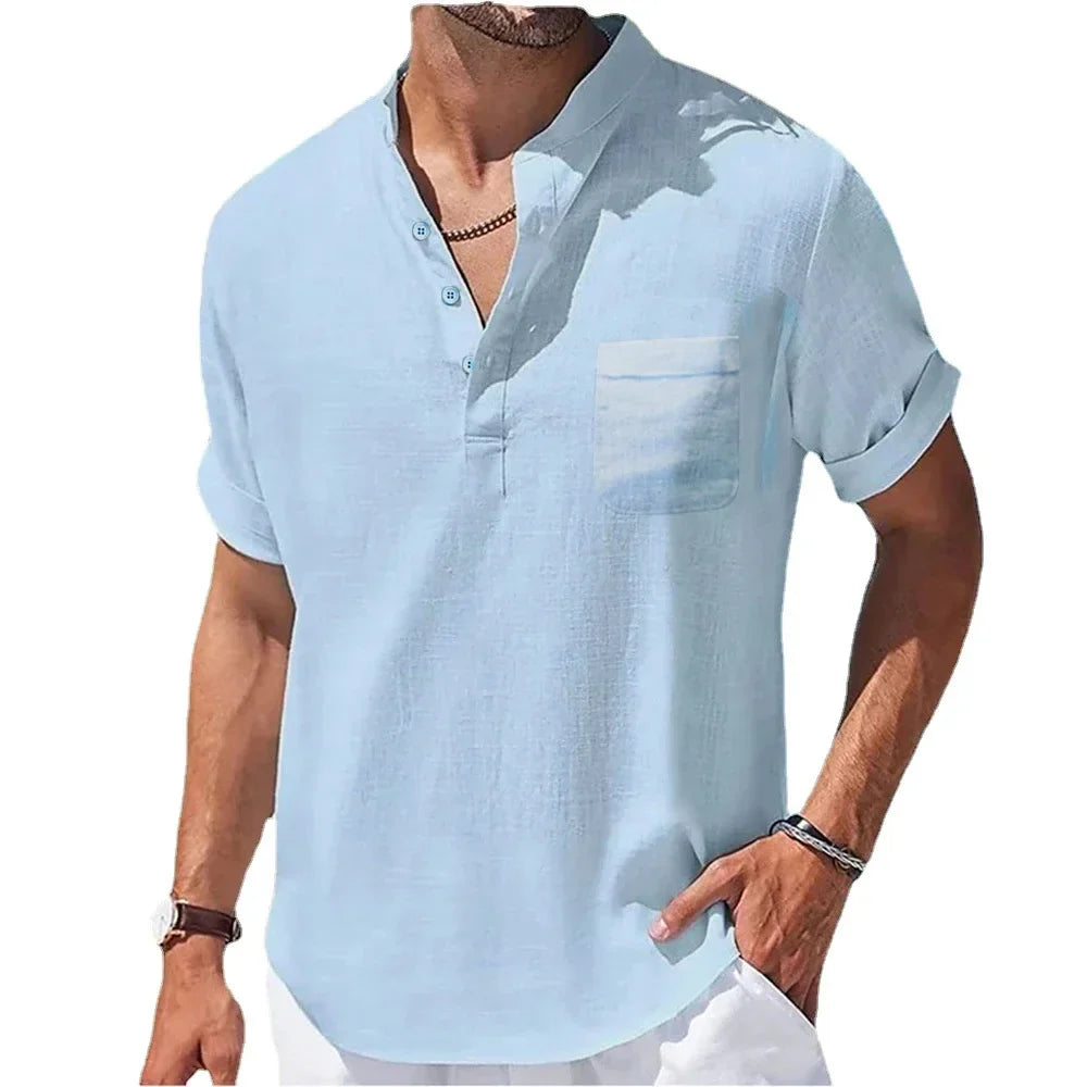 Summer Cotton Linen Stand Collar Short Sleeve Shirt for Men