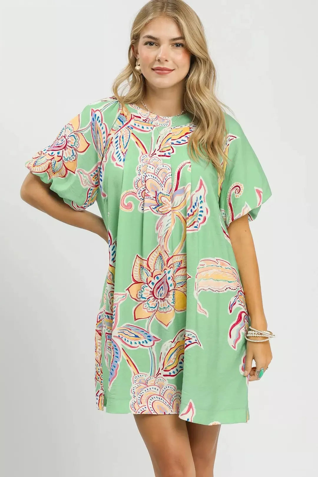 Sage Green Boho Floral Mini Dress for Women — Pockets