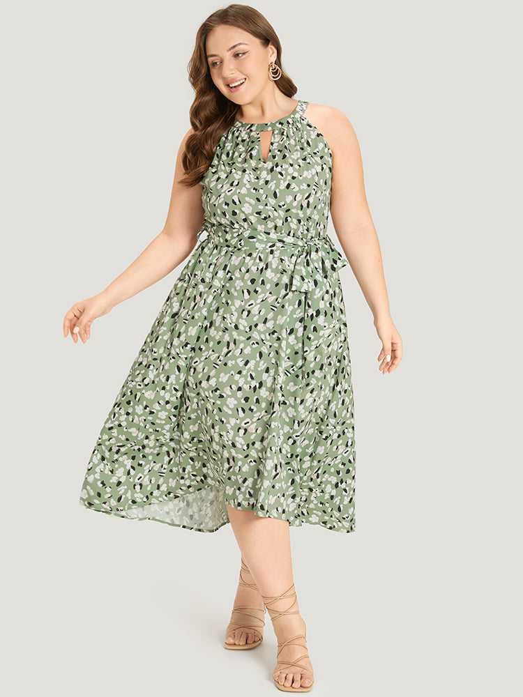 Allover Print Halter Keyhole Pocket Belted Ties Dress for Women