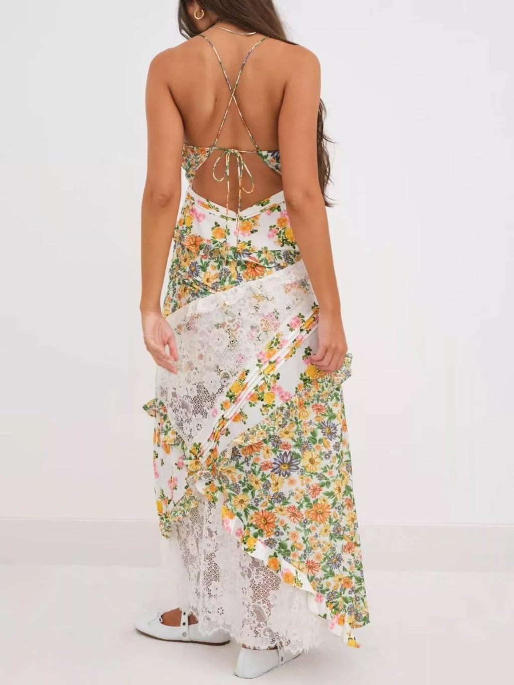 Lace Floral Ruffle Trim Maxi Dress for Women - gallery
