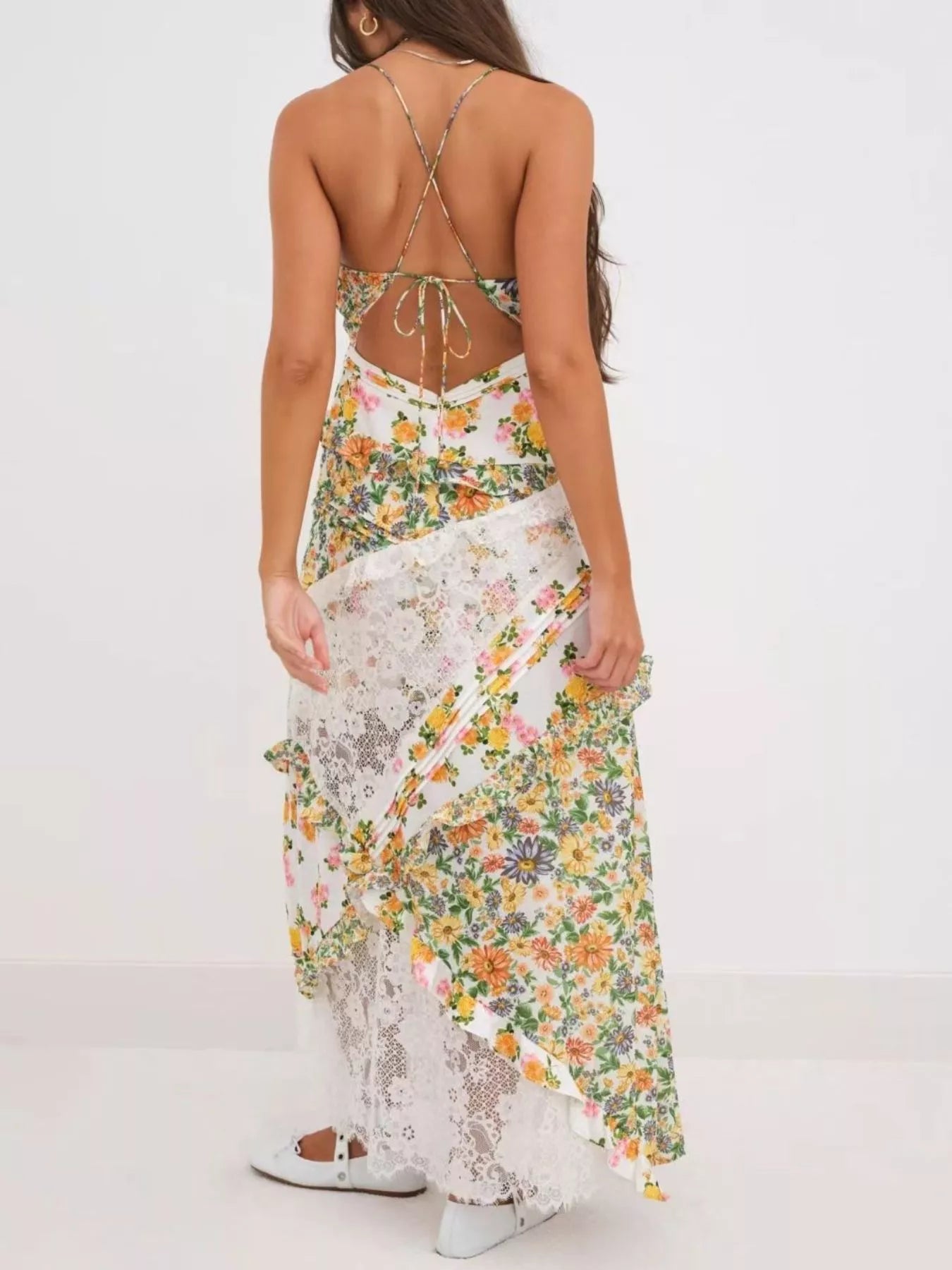 Lace Floral Ruffle Trim Maxi Dress for Women - gallery