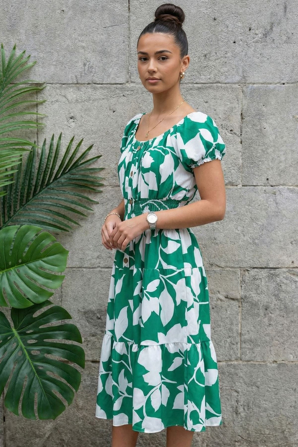 Abstract Botanical Print Elasticated Tiered Dress — Mint Green