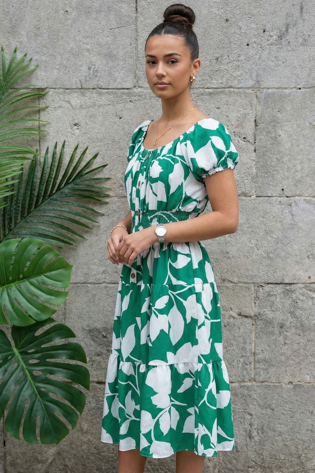 Abstract Botanical Print Elasticated Tiered Dress — Mint Green