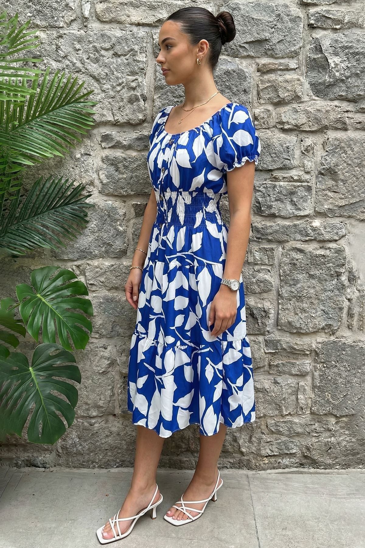 Abstract Botanical Print Elasticated Tiered Dress — Royal Blue