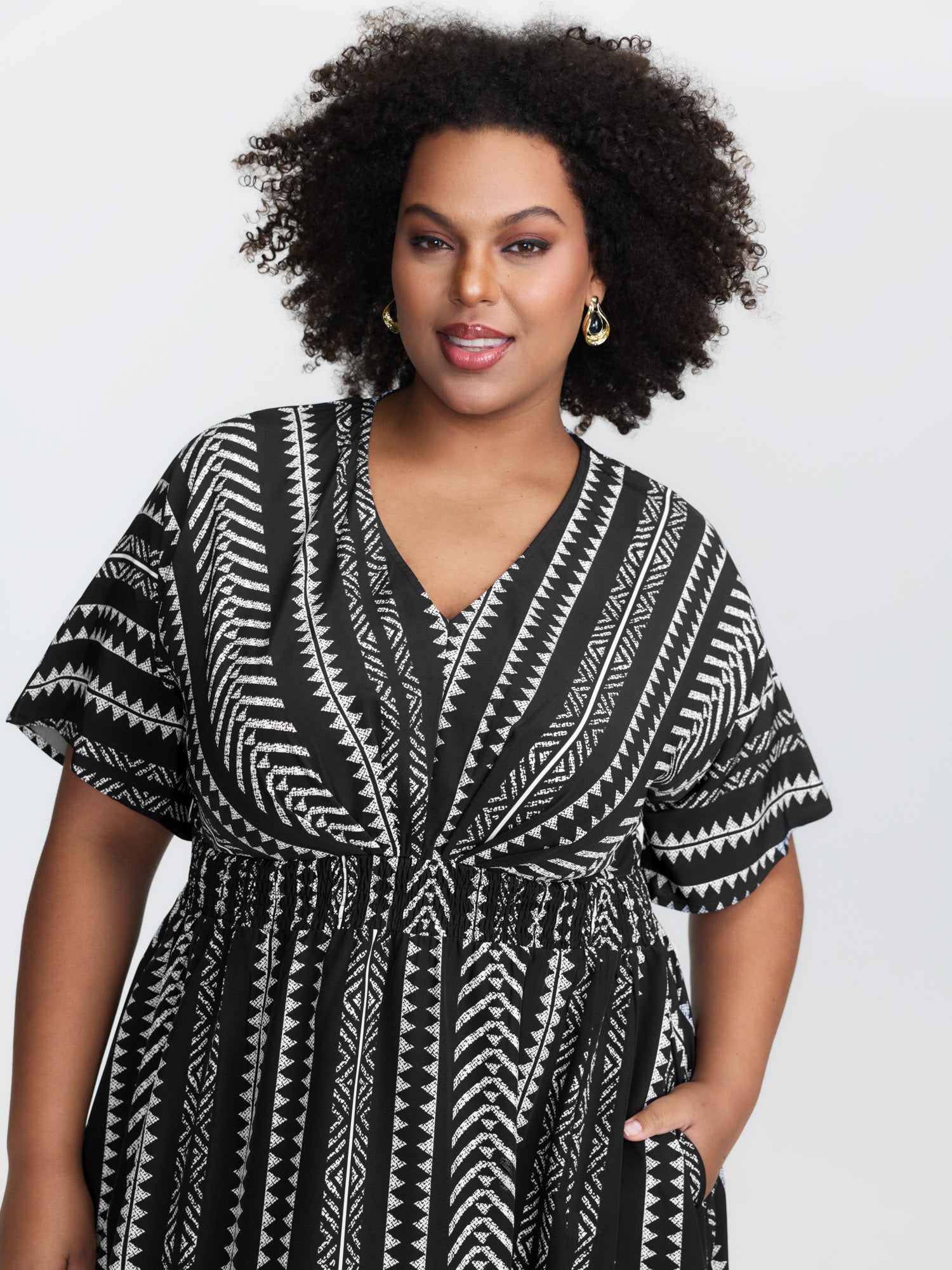 Solid Geometric Dolman Sleeve Pocket Shirred Split Hem Dress for Women - gallery
