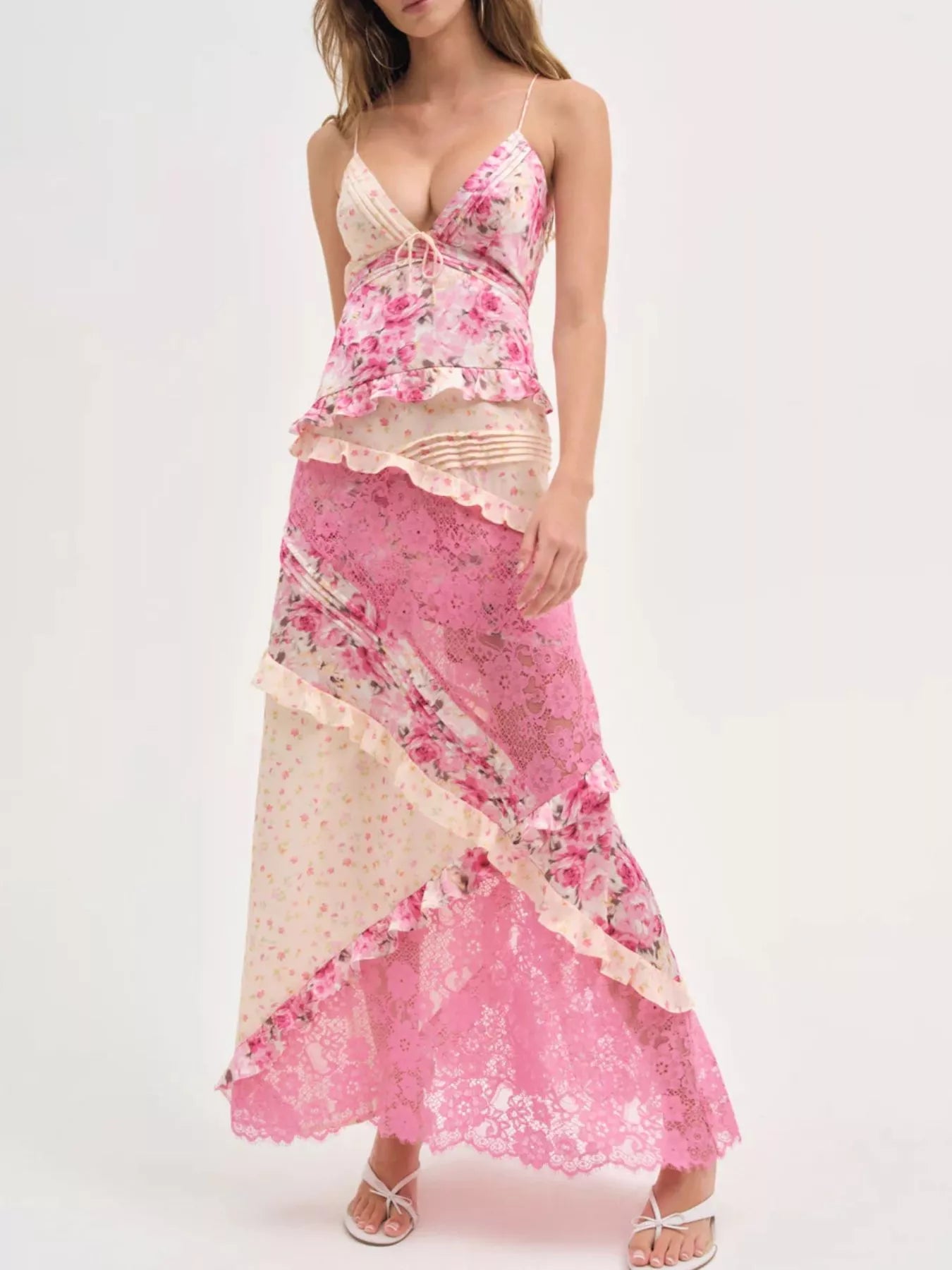 Lace Floral Ruffle Trim Maxi Dress for Women - Pink