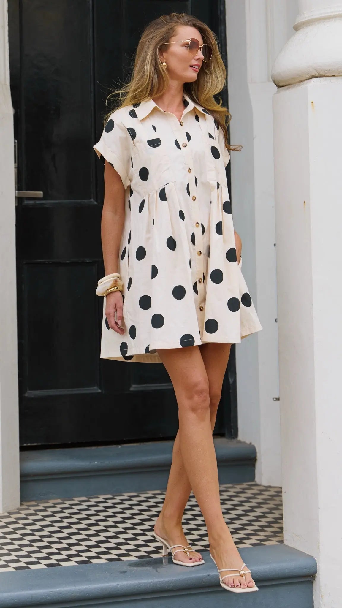 Beige Polka Dot Mini Dress for Women — Collared Button Front - gallery