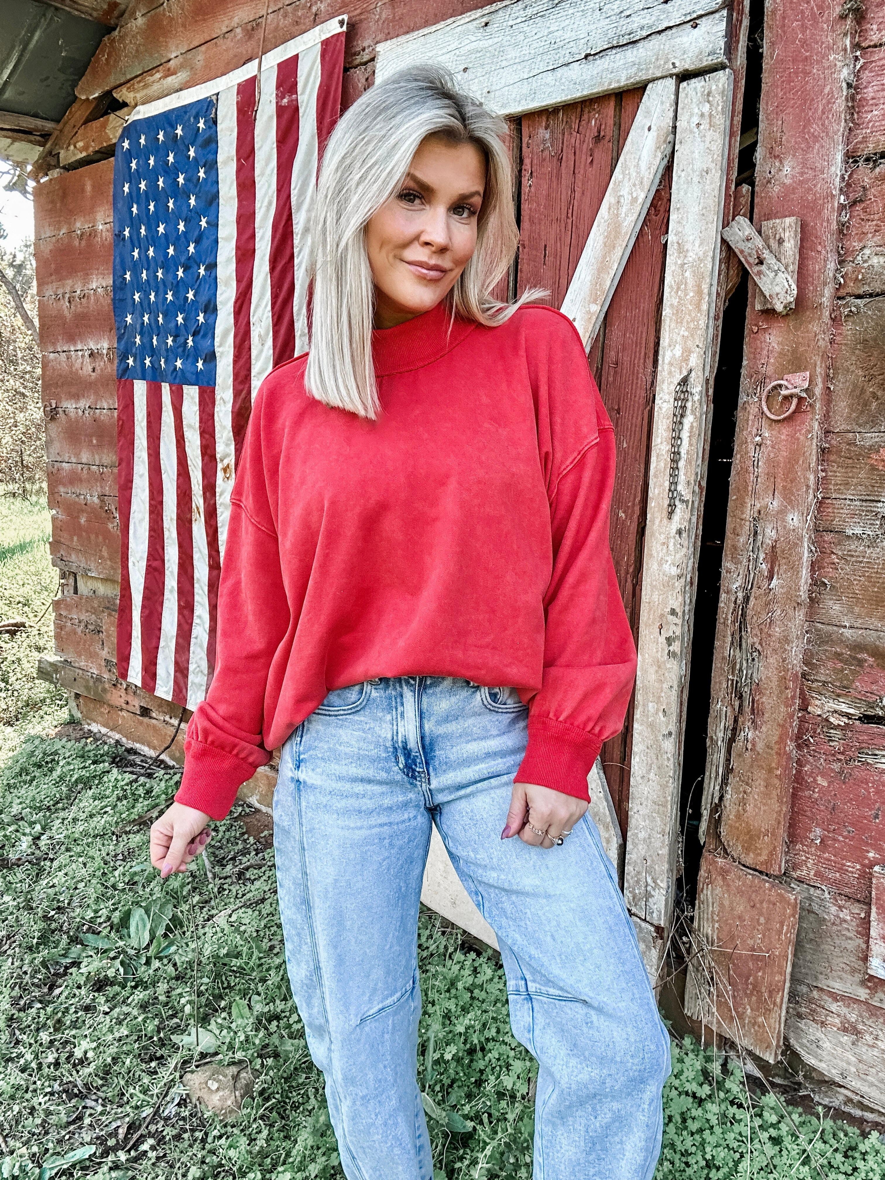 Washed Oversized Mock Neck Sweater for Women — Vintage Wash Feel