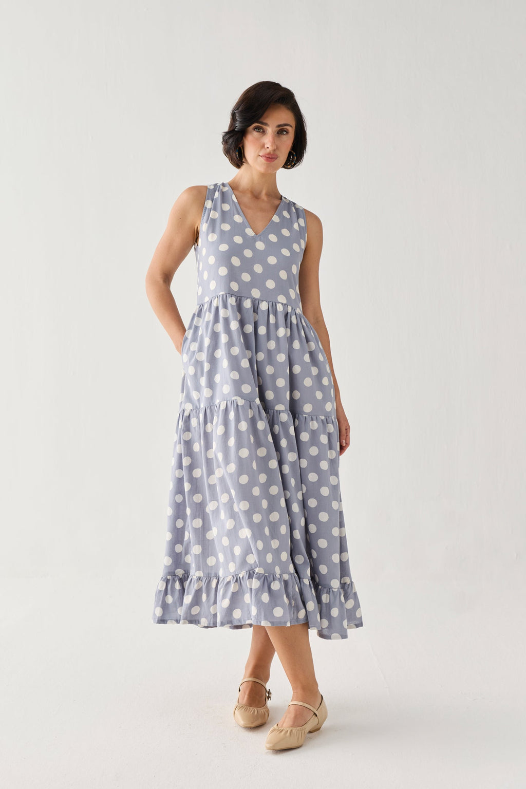 Tiered Midi Dress in Blue Polka for Women - gallery