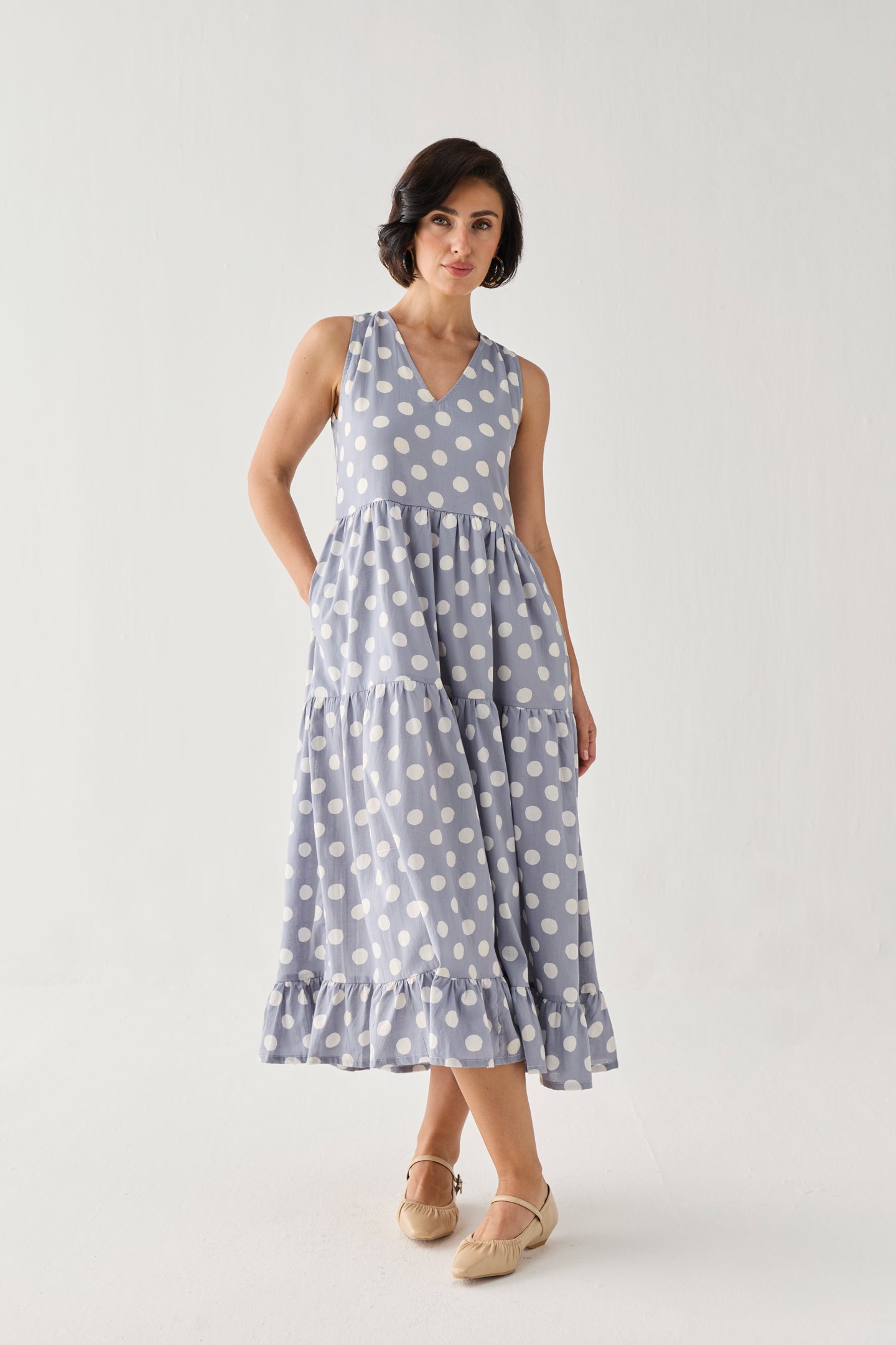 Tiered Midi Dress in Blue Polka for Women - gallery