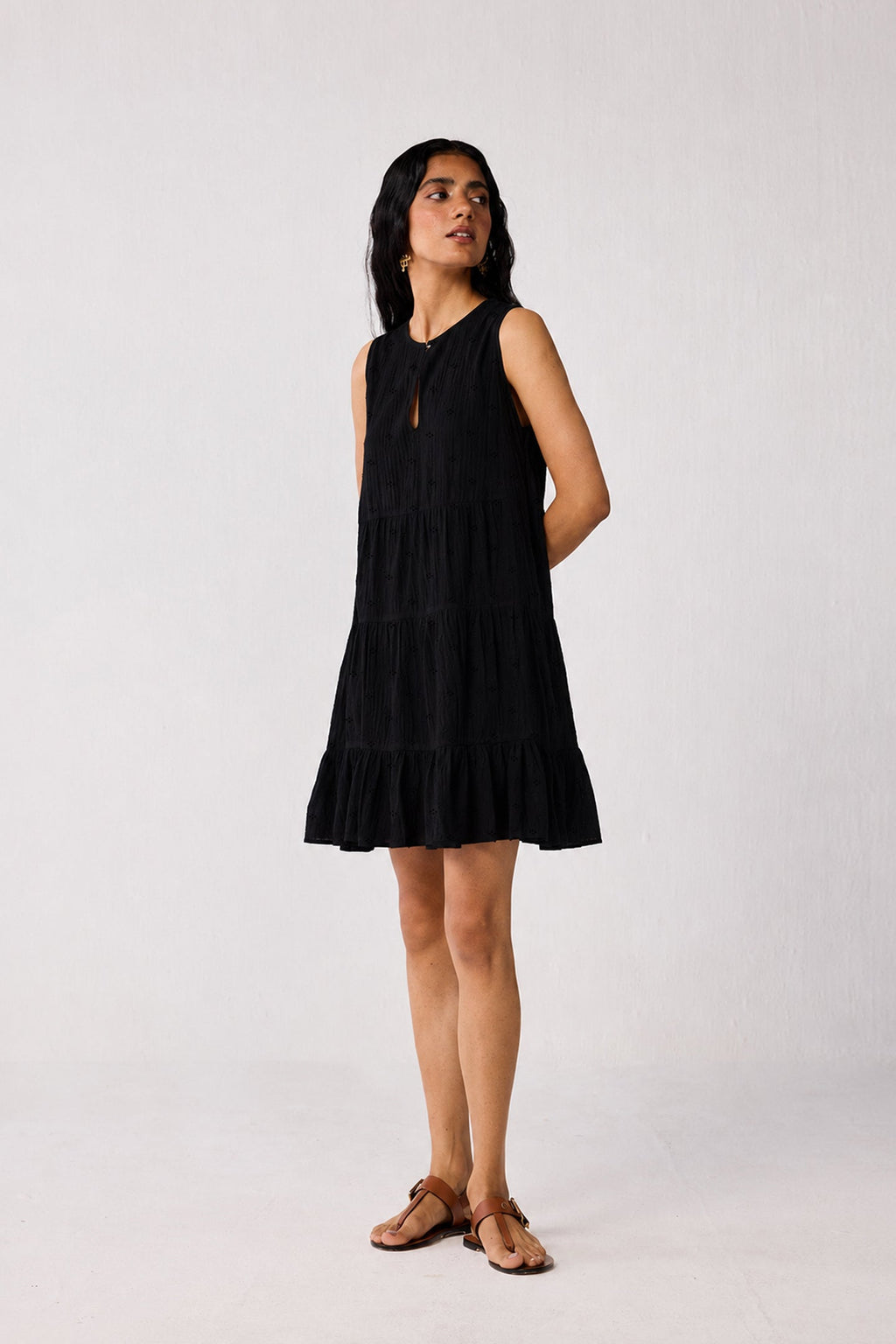 Embroidered Everyday Sleeveless Short Tiered Dress in Black for Women - gallery