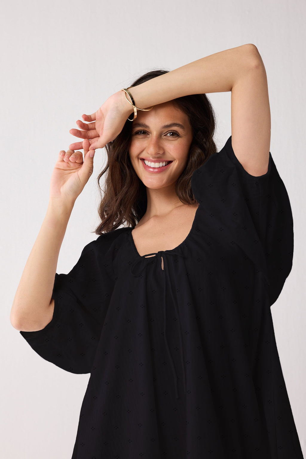 Puff Sleeved Dress with Drawstring Neckline in Black for Women - gallery