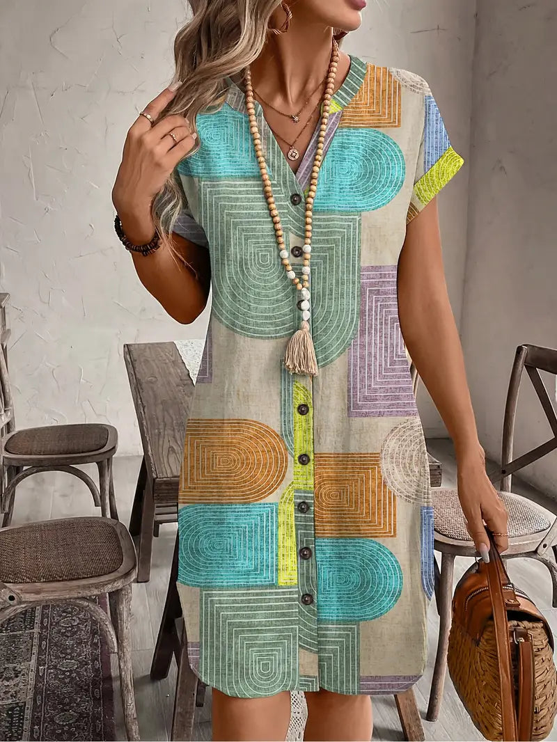 Prism Geometric Print Button-Front Mini Dress for Women