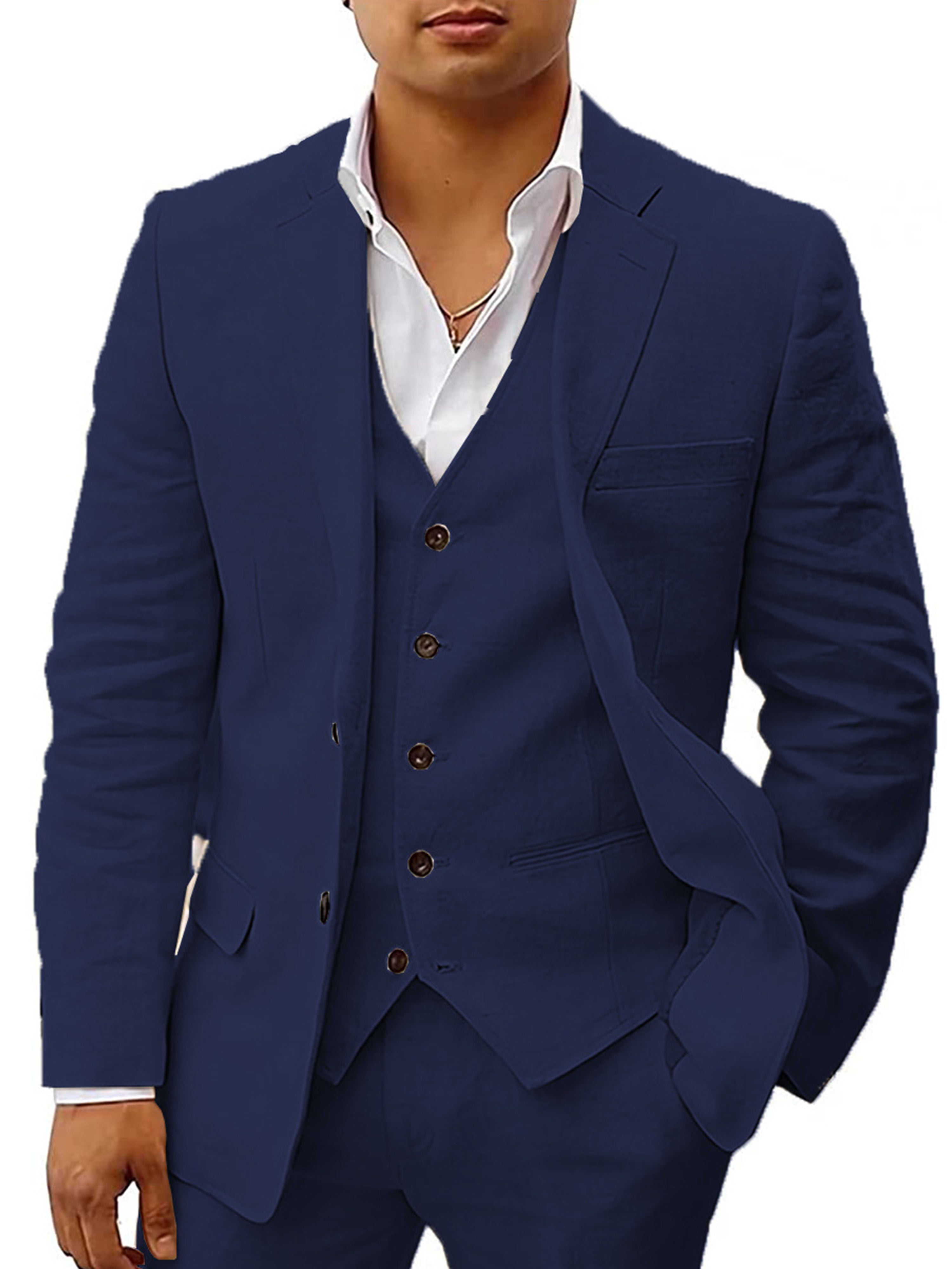Three-Piece Cotton Linen Summer Suit for Men - Navy Blue