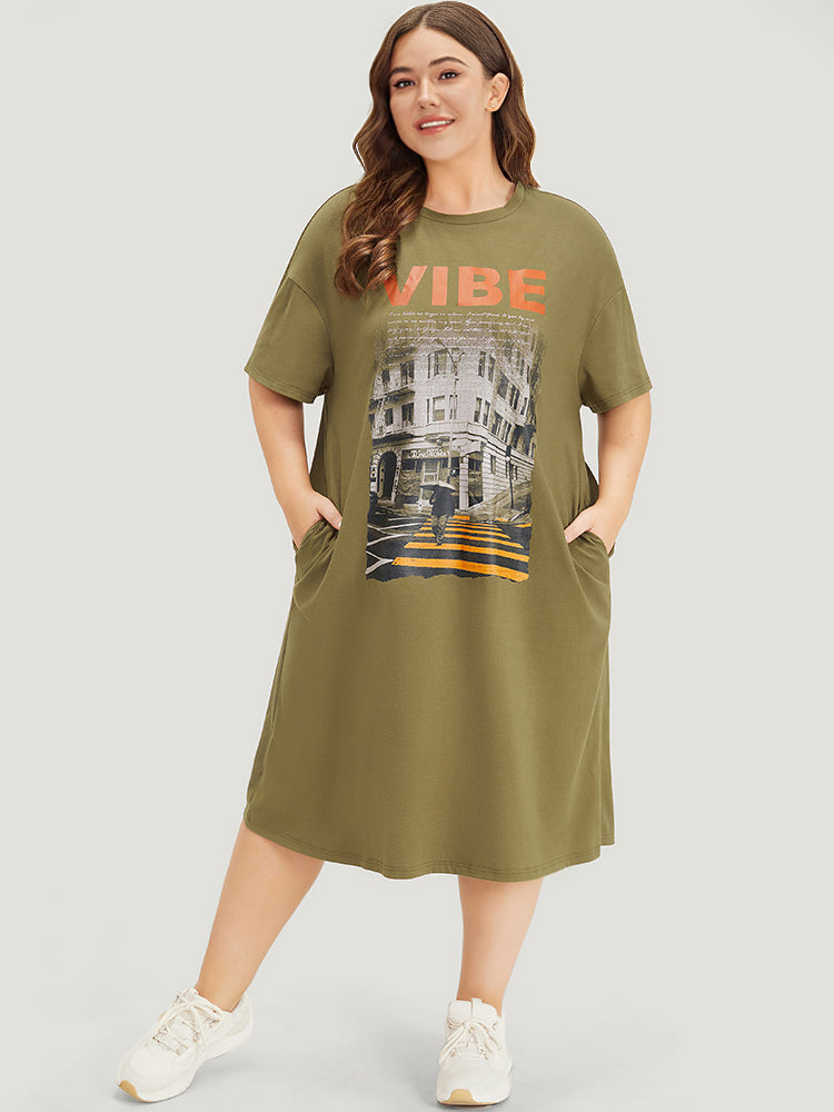 Letter & Graphic Print Pocket Crew Neck Dress for Women - gallery