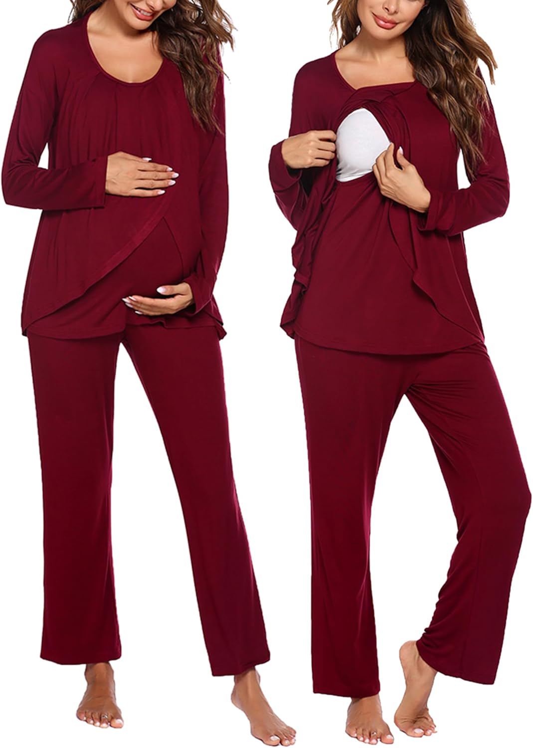 Maternity Nursing Pajama Set Long Sleeve Top & Pants - Wine Red