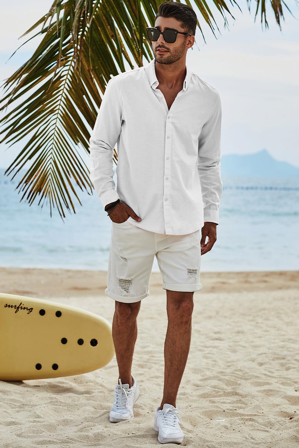 Cotton Linen Button-Down Long Sleeve Shirt for Men - gallery