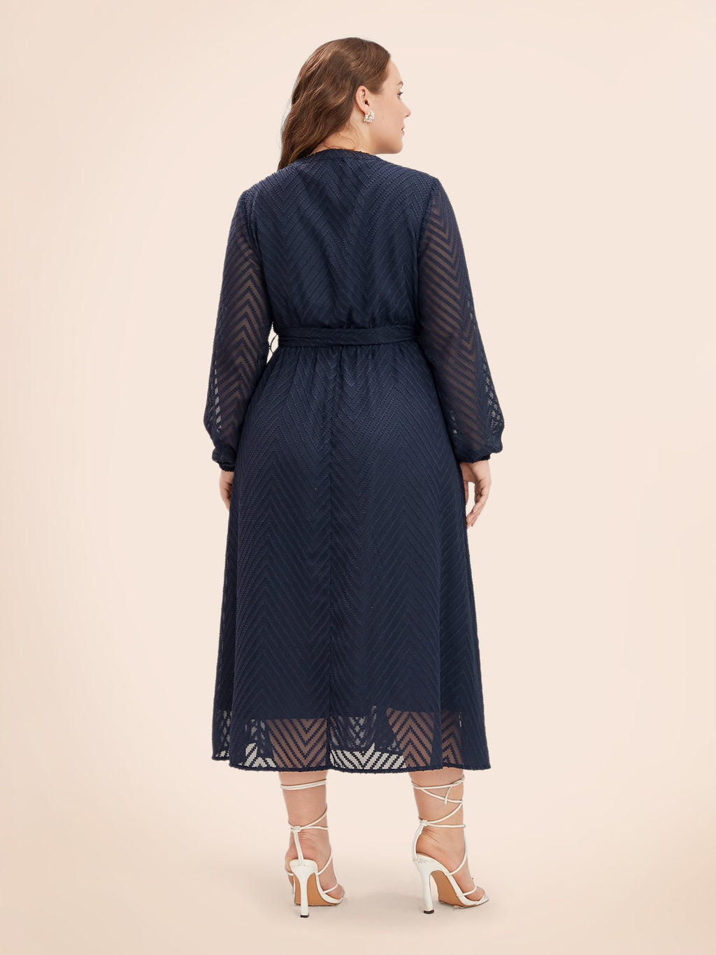 Solid Geometric Pocket Mesh Lantern Sleeve Belted Dress for Women - gallery
