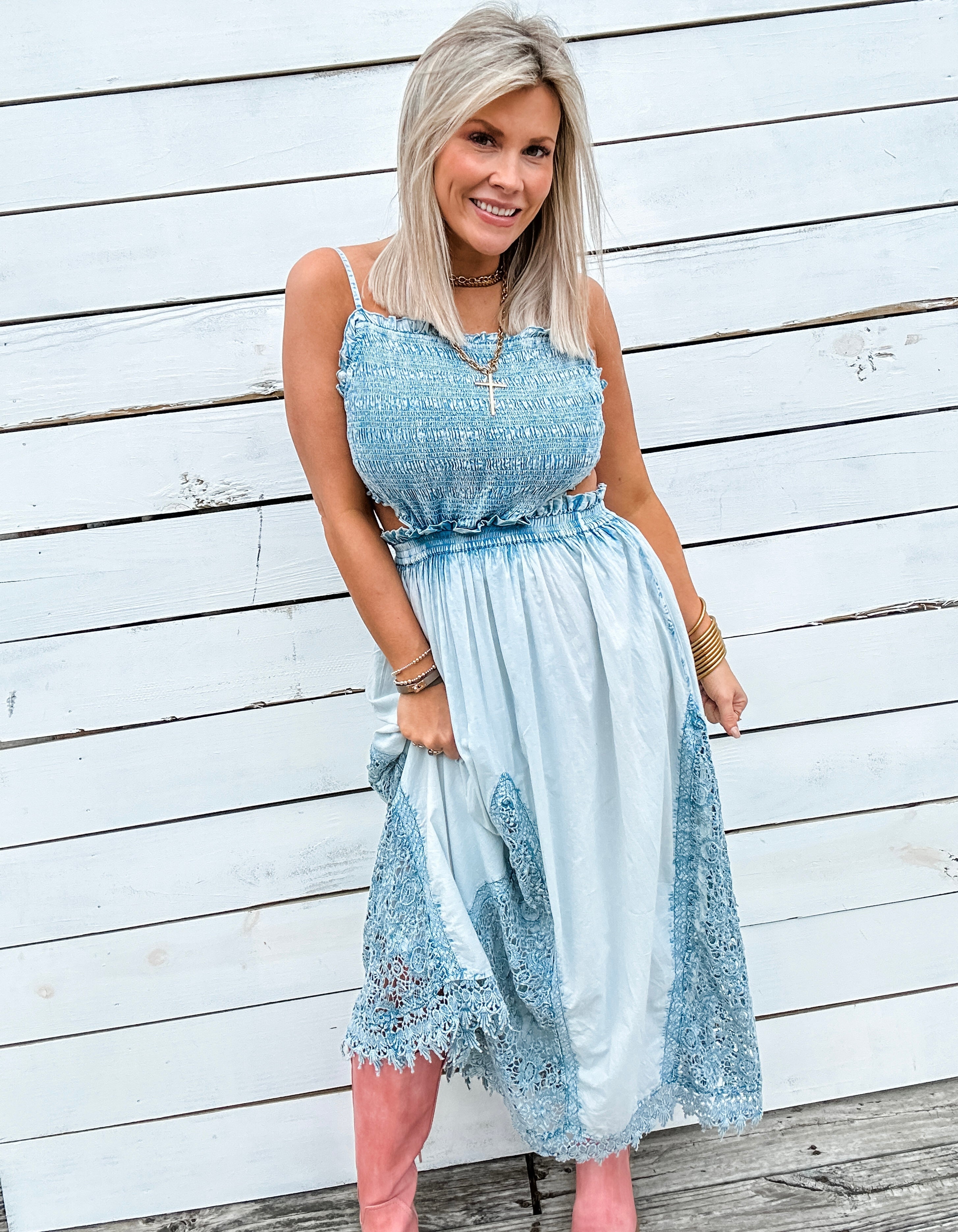 Smocked Denim Maxi Dress for Women — Lace Trim Boho - gallery