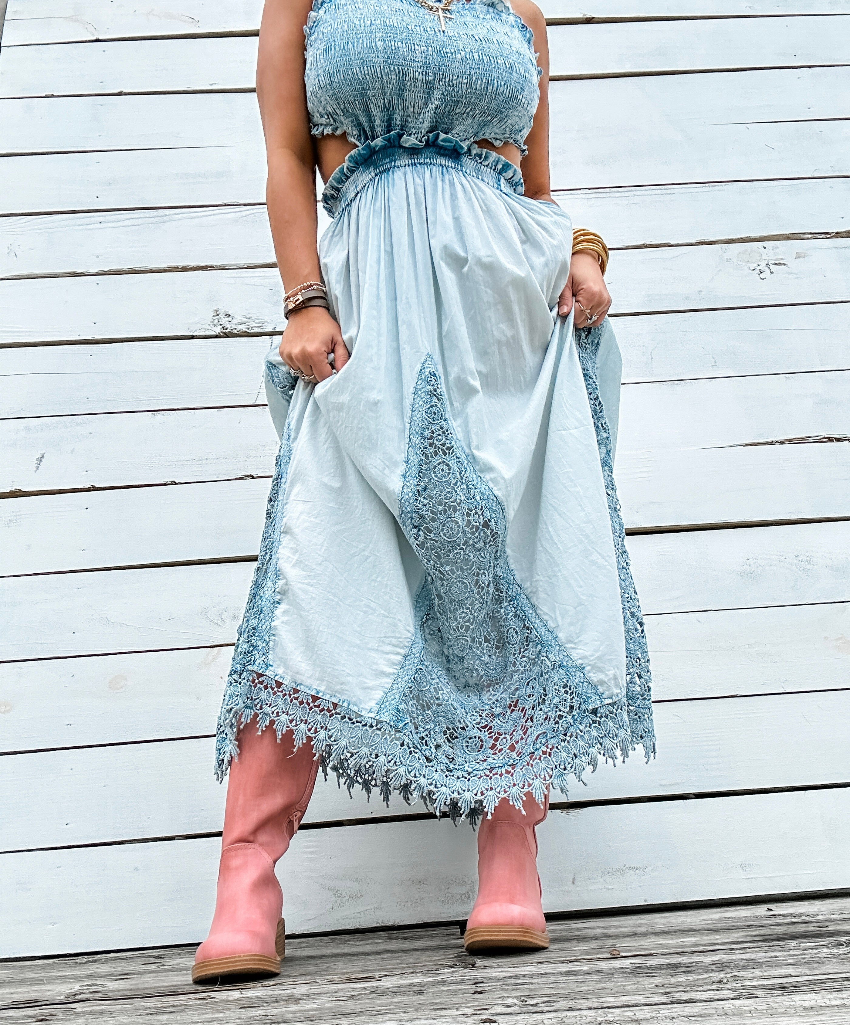Smocked Denim Maxi Dress for Women — Lace Trim Boho
