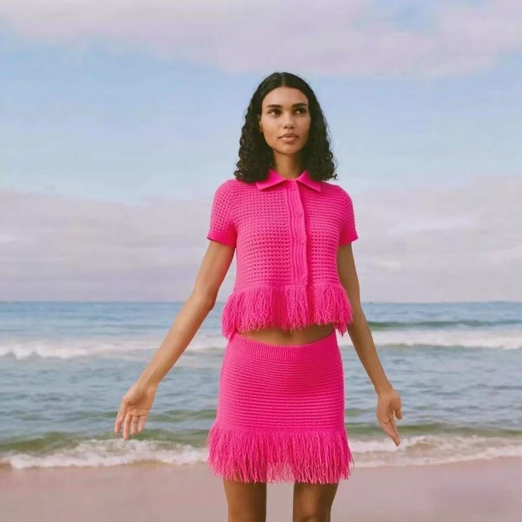 Lake Crochet and Tassel Shirt and Skirt Coord Set for Women - gallery