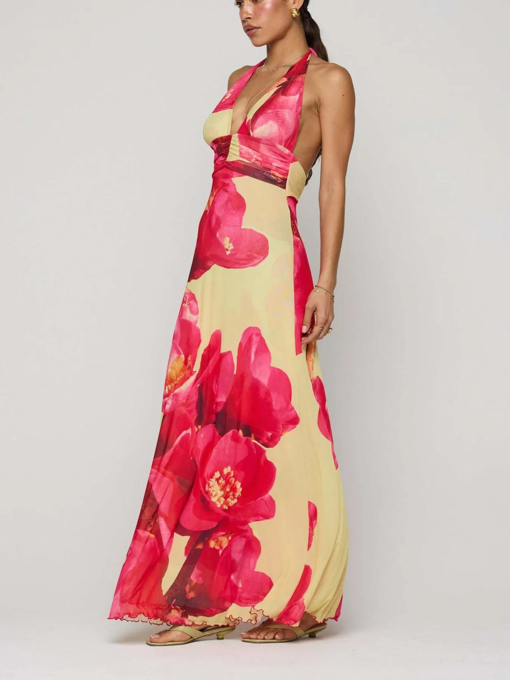Floral Halter Neck Deep V Maxi Dress for Women - gallery