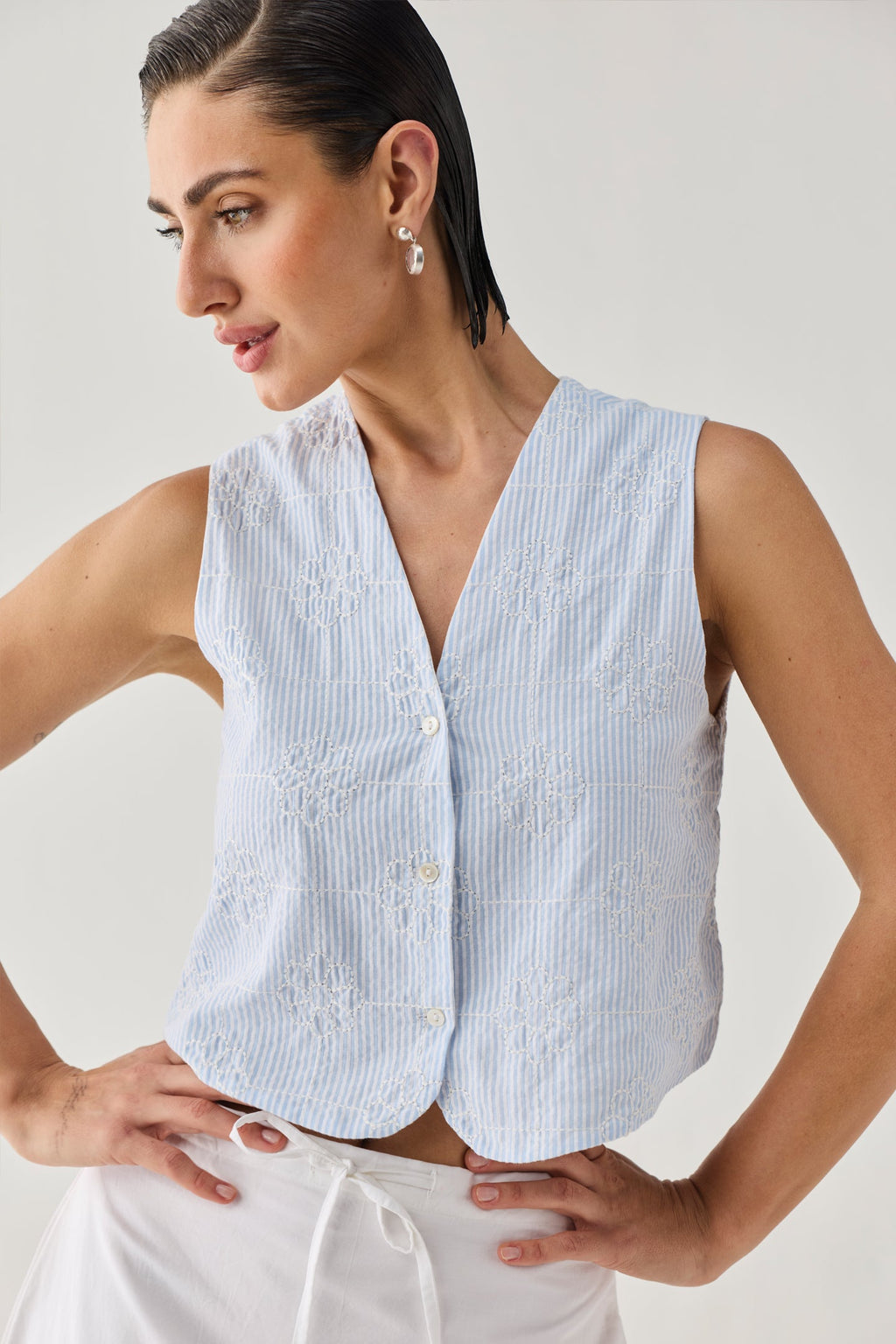 Embroidered Sleeveless Vest Top in Blue Stripe Waistcoat for Women - gallery