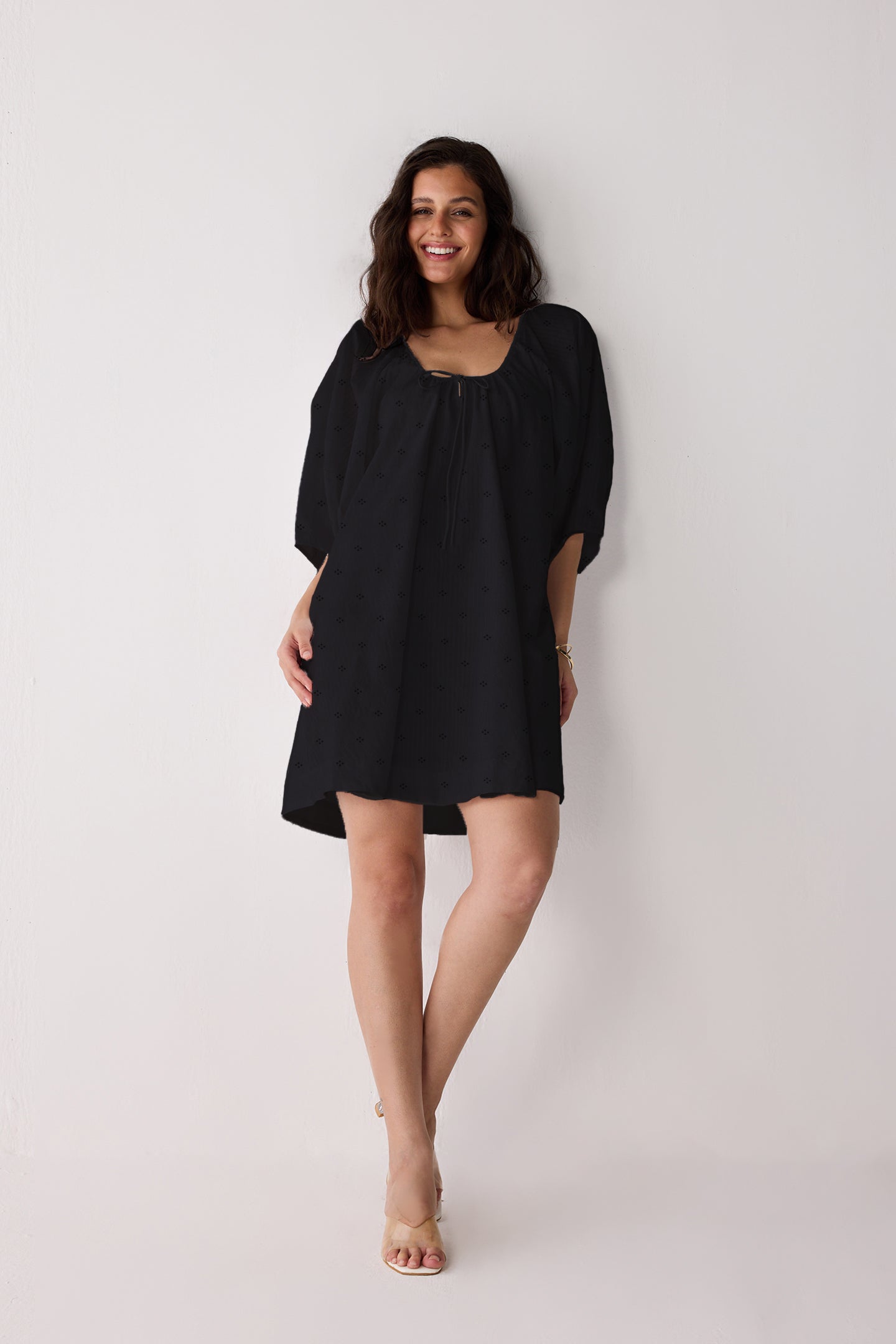 Puff Sleeved Dress with Drawstring Neckline in Black for Women - gallery