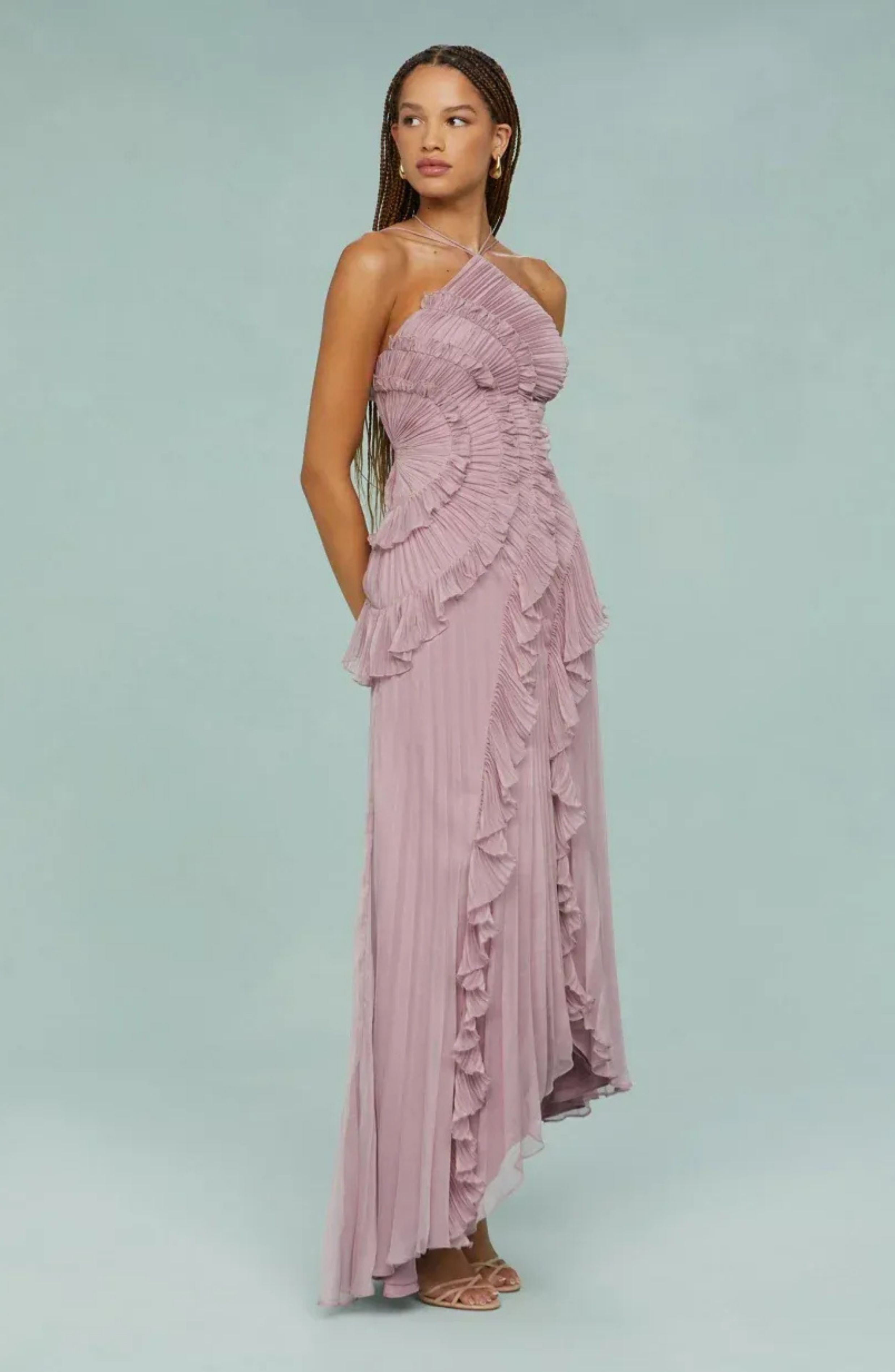 Pleated Frill Halter Neck Maxi Dress for Women - gallery