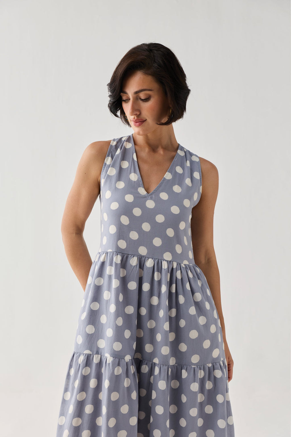 Tiered Midi Dress in Blue Polka for Women - gallery