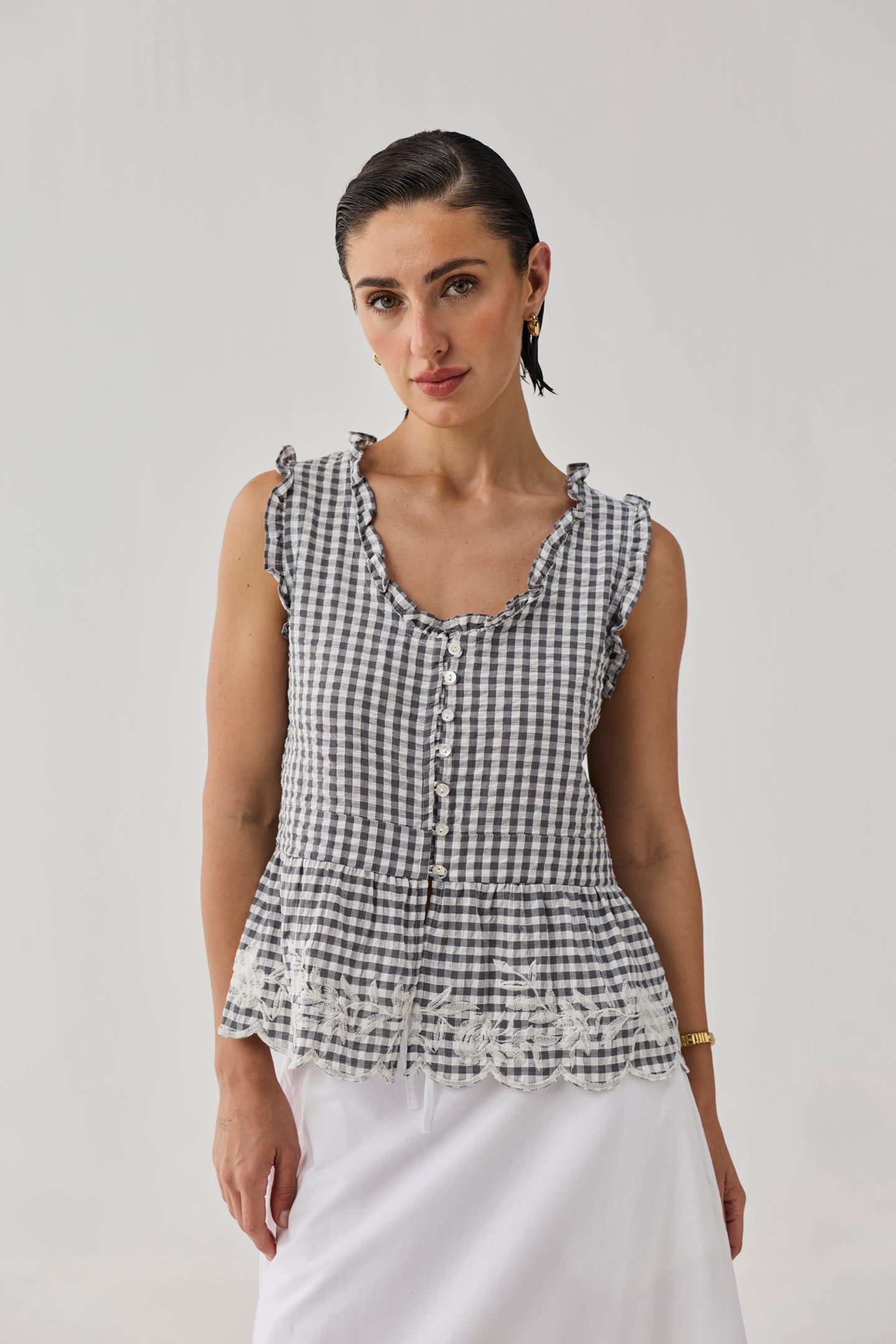 Embroidered Peplum Top in Grey Check for Women - gallery