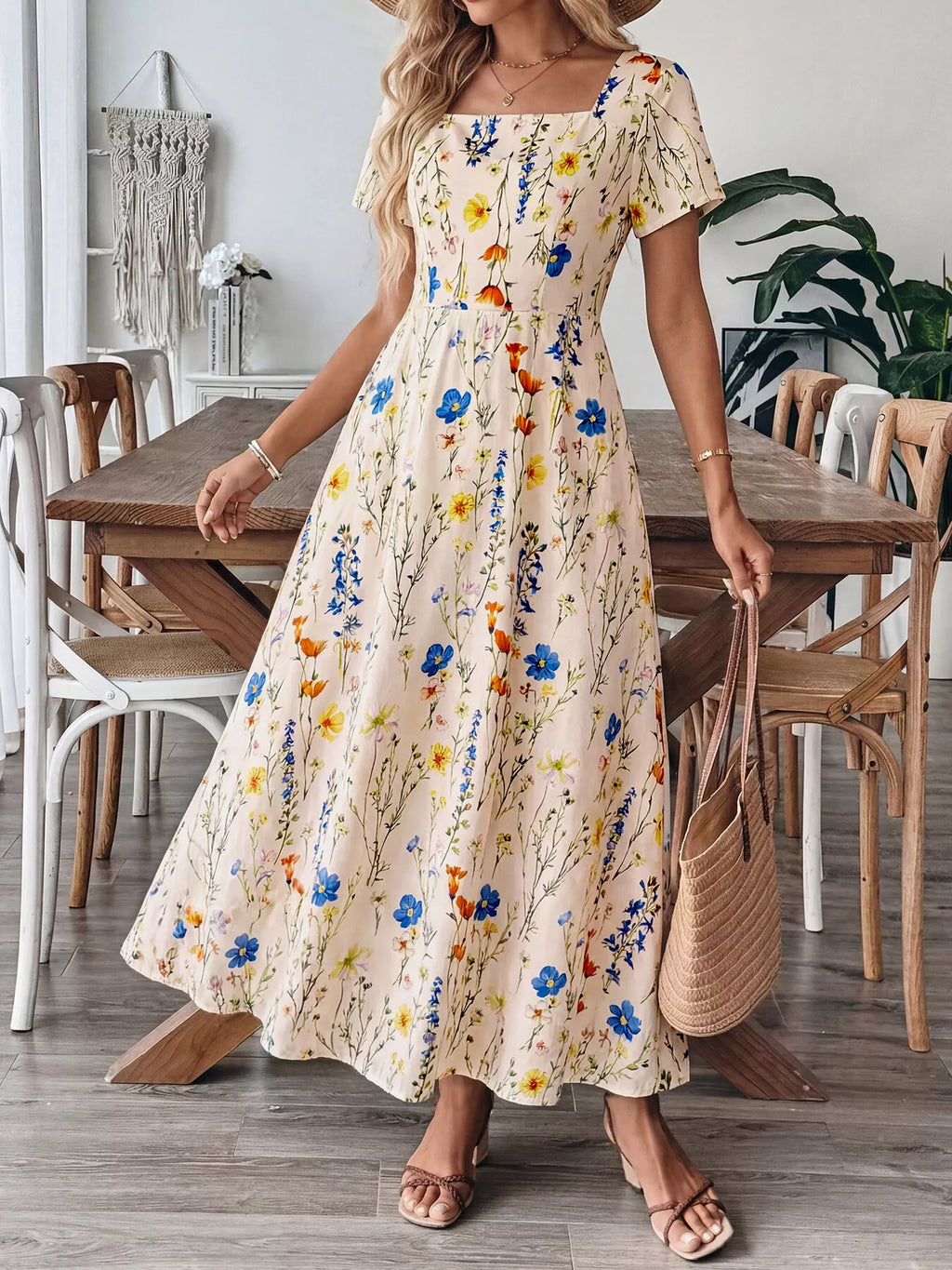 Floral Square Neck Casual Maxi Dress for Women — Front Zip - gallery
